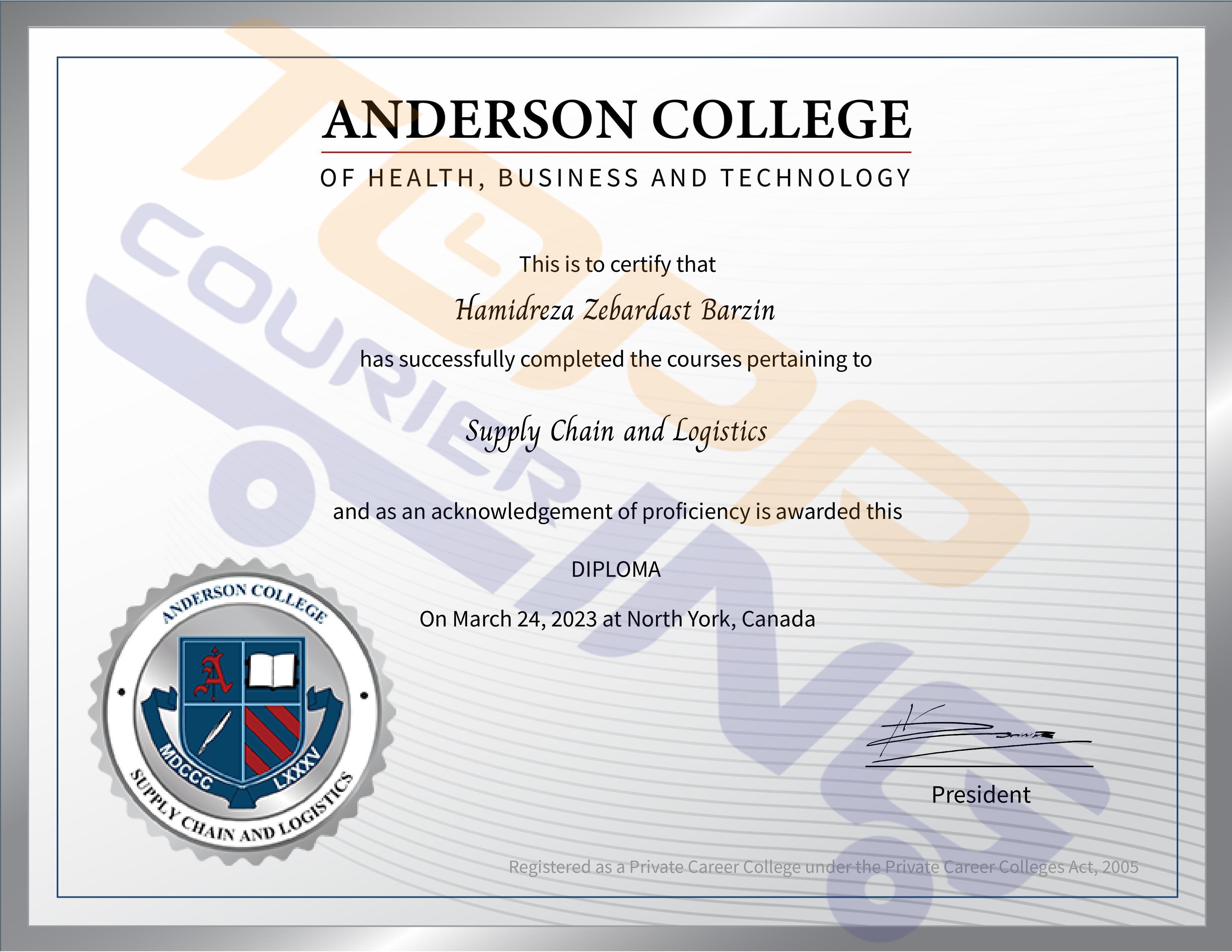 Anderson College Certificate